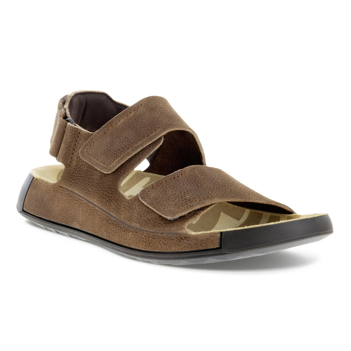 A brown orthopedic sandal with adjustable straps and a supportive footbed, isolated on a white background from Ecco.