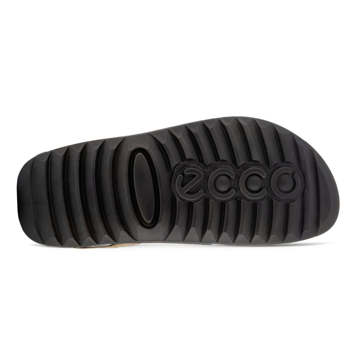 Black rubber ECCO sole with textured ridges and the Ecco brand logo embossed in the center, featuring a supportive footbed.