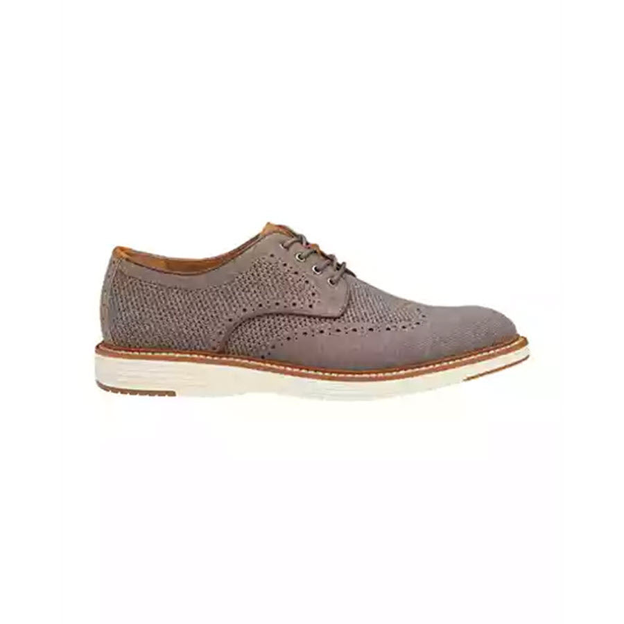 Brown perforated Johnston & Murphy Upton Knit Wing Tip Gray men's derby shoe with wingtip styling and white sole on a white background.