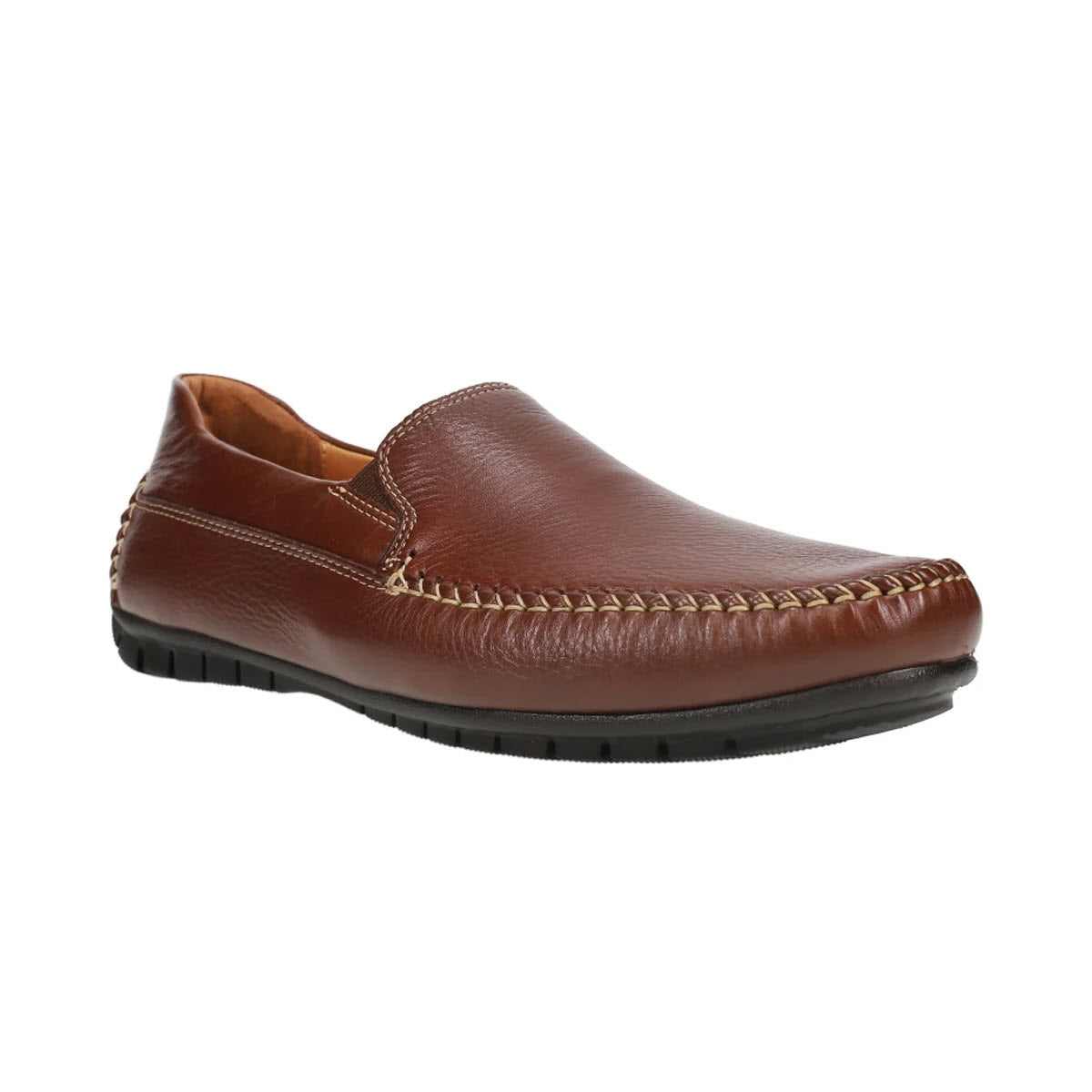 A mahogany leather Johnston &amp; Murphy Cort Whipstitch Venetian Men&#39;s Dress Shoe with stitched detailing and a black rubber sole, isolated on a white background.