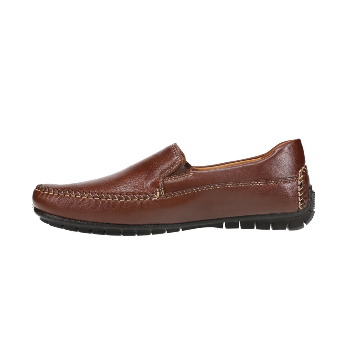Side view of a Johnston &amp; Murphy Cort Whipstitch Venetian Mahogany loafer with detailed stitching and a black rubber sole, featuring genuine moccasin construction, isolated on a white background.