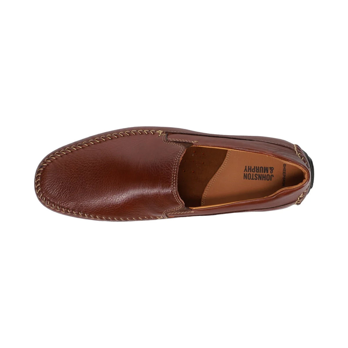Top view of a single Johnston &amp; Murphy Cort Whipstitch Venetian Mahogany leather loafer featuring genuine moccasin construction and visible brand label inside.