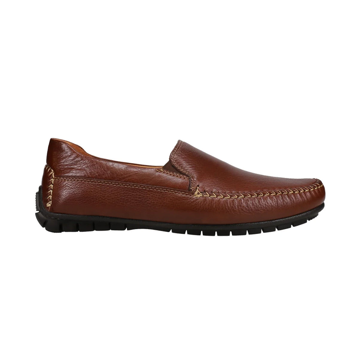 A Johnston &amp; Murphy Cort Whipstitch Venetian Mahogany slip-on loafer with genuine moccasin construction and a black rubber sole, isolated on a white background.