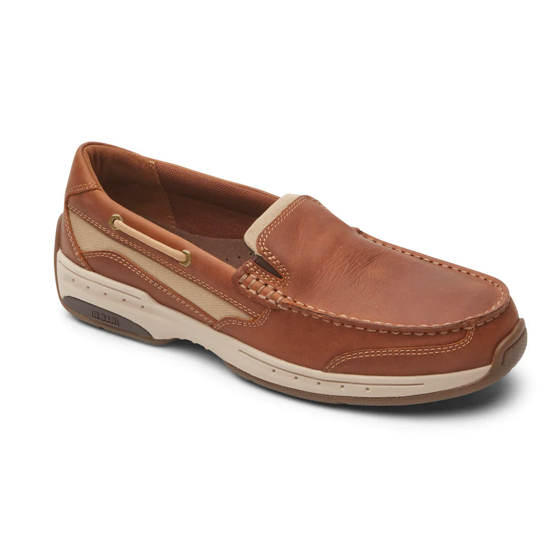 A single Dunham Captain Venetian Tan Leather slip-on boat shoe with white stitching and a rubber sole, displayed on a white background.