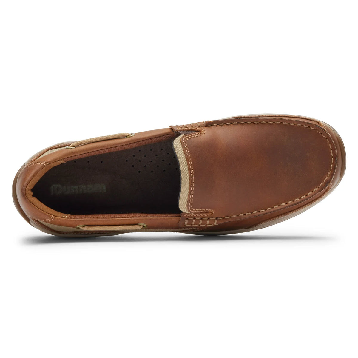 Top view of a single Dunham Captain Venetian Tan Leather slip-on loafer with visible stitching and a black insole, displayed on a white background.