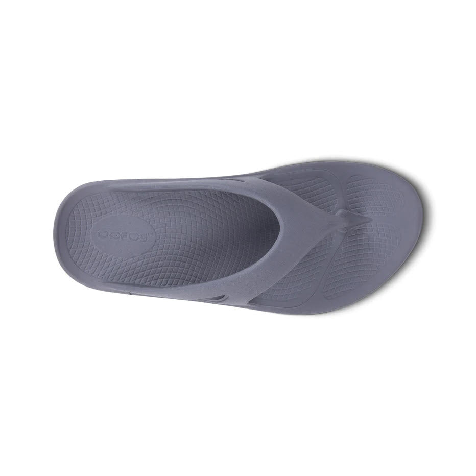 OOFOS OOriginal Slate gray flip-flop sandal with textured insole and logo visible, viewed from above on a white background.