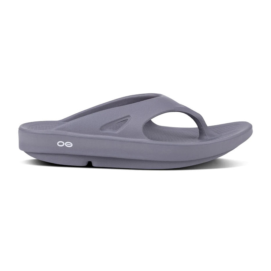 A single gray OOFOS OOriginal Slate flip-flop by Oofos with a thick, cushioned sole displayed on a white background.