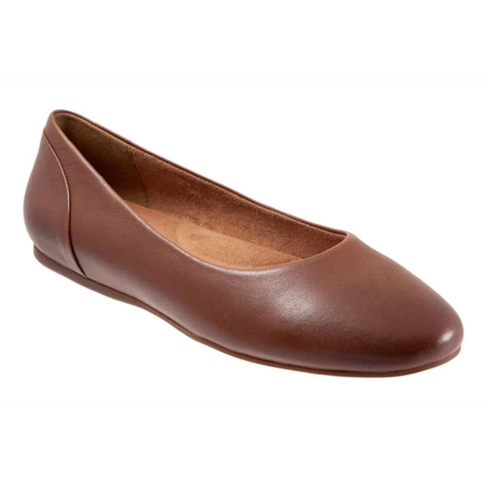 A brown leather Softwalk Shiraz Cognac ballet flat shoe with a cushioned removable footbed displayed against a white background.