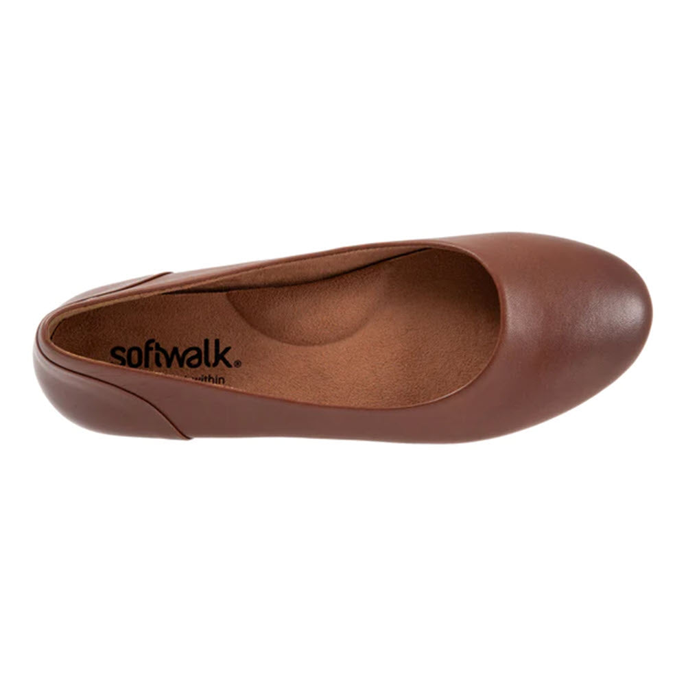Side view of a single brown leather Softwalk Shiraz Cognac flat with a visible brand imprint &quot;Softwalk&quot; on the insole.