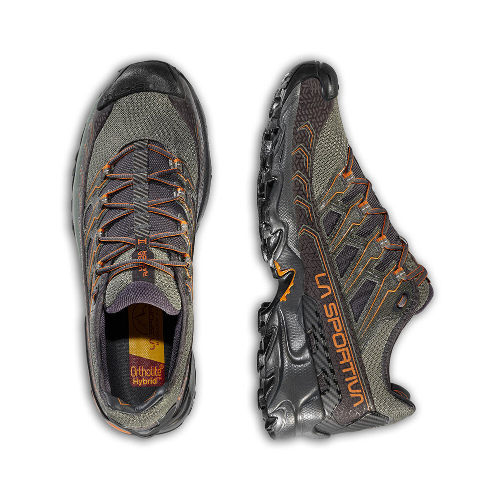 A pair of La Sportiva Ultra Raptor II Carbon/Hawaiian Sun - Mens Mountain Running shoes displayed from above; one showing the top view and the other the sole.