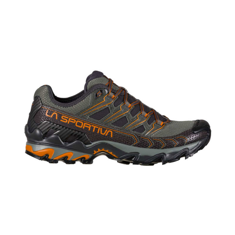 A La Sportiva Ultra Raptor II Carbon/Hawaiian Sun - Mens all-terrain trail running shoe with grey and orange coloring and a rugged sole design.