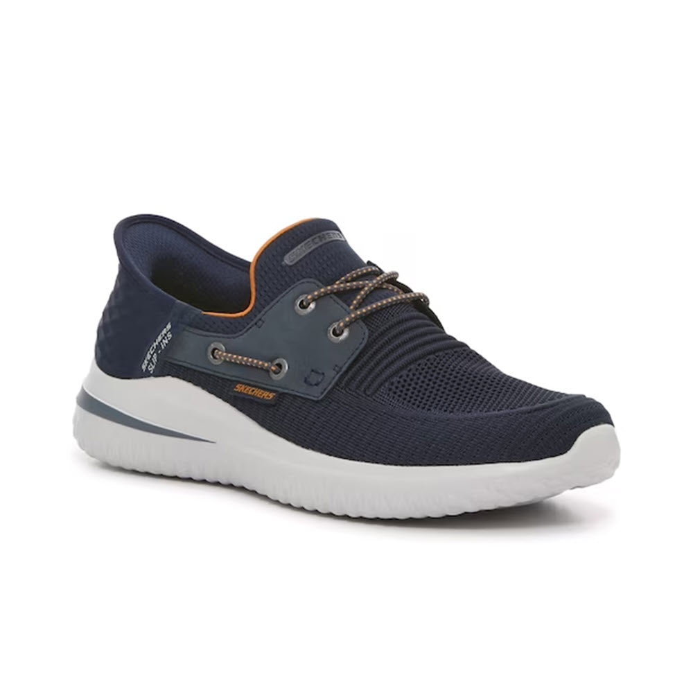 Blue Skechers Roth Low Profile Bungee Lace Slip-ins with white sole and orange accents, featuring an Air-Cooled Memory Foam branded insole.