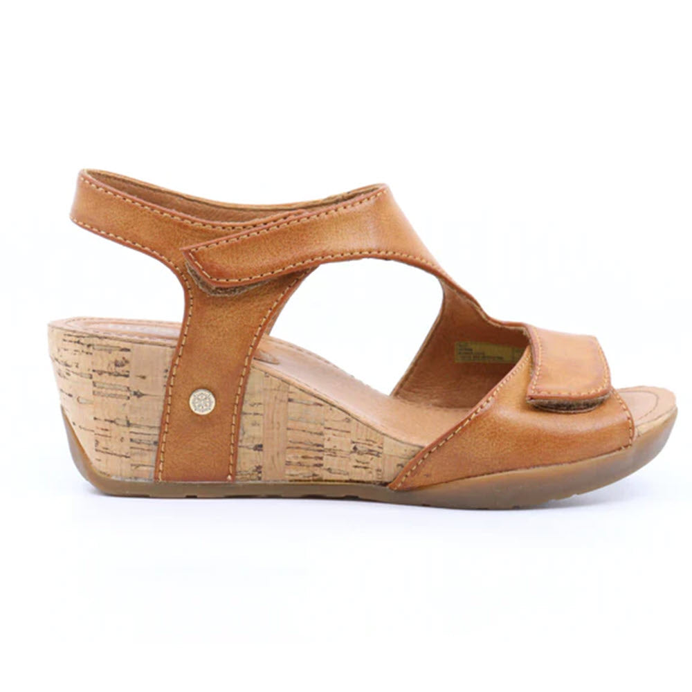 A single Bussola Norma Cuoio - Womens tan leather wedge sandal with an open toe design and lightweight cork wedge, displayed against a white background.