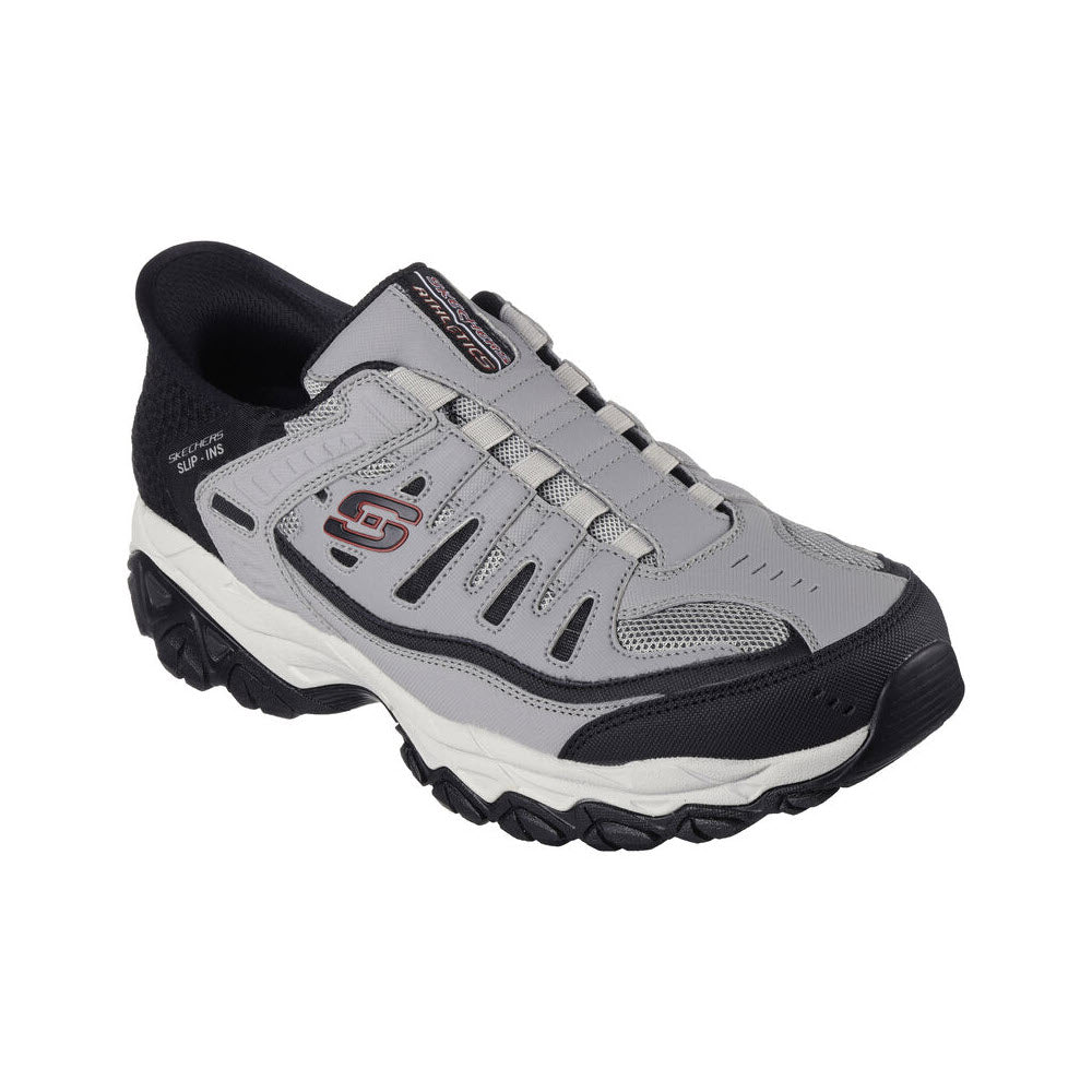 A single gray and black Skechers Arch Fit Slip-in athletic shoe featuring TOUCHLESS FIT technology with visible mesh panels and a chunky sole, isolated on a white background.