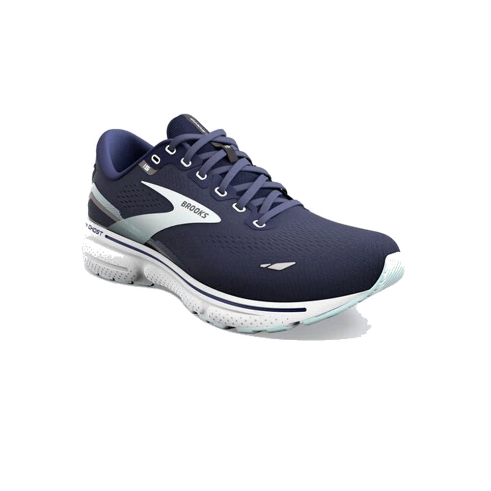 A single Brooks Ghost 15 peacoat/pearl/salt air running shoe in navy blue and white colors, displayed against a plain white background.