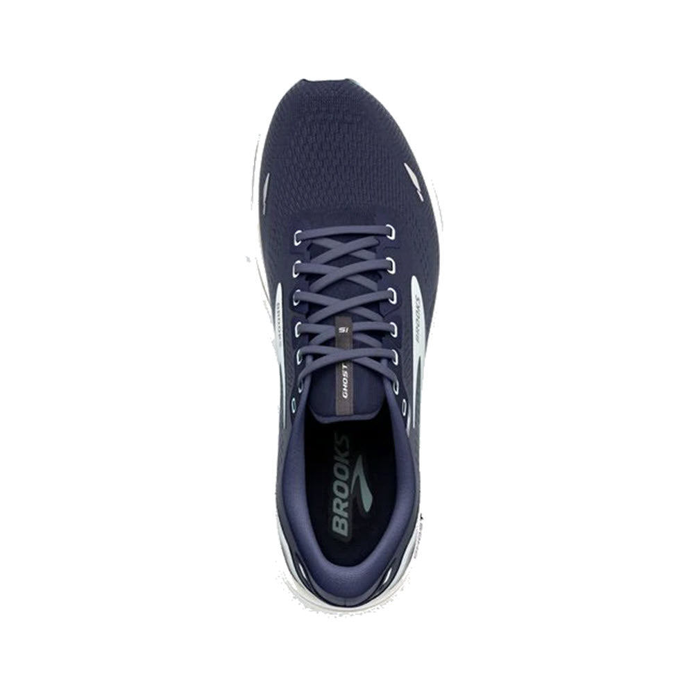 Top view of a navy blue Brooks Ghost 15 Peacoat/Pearl/Salt Air running shoe with soft cushioning, white soles, and laces.