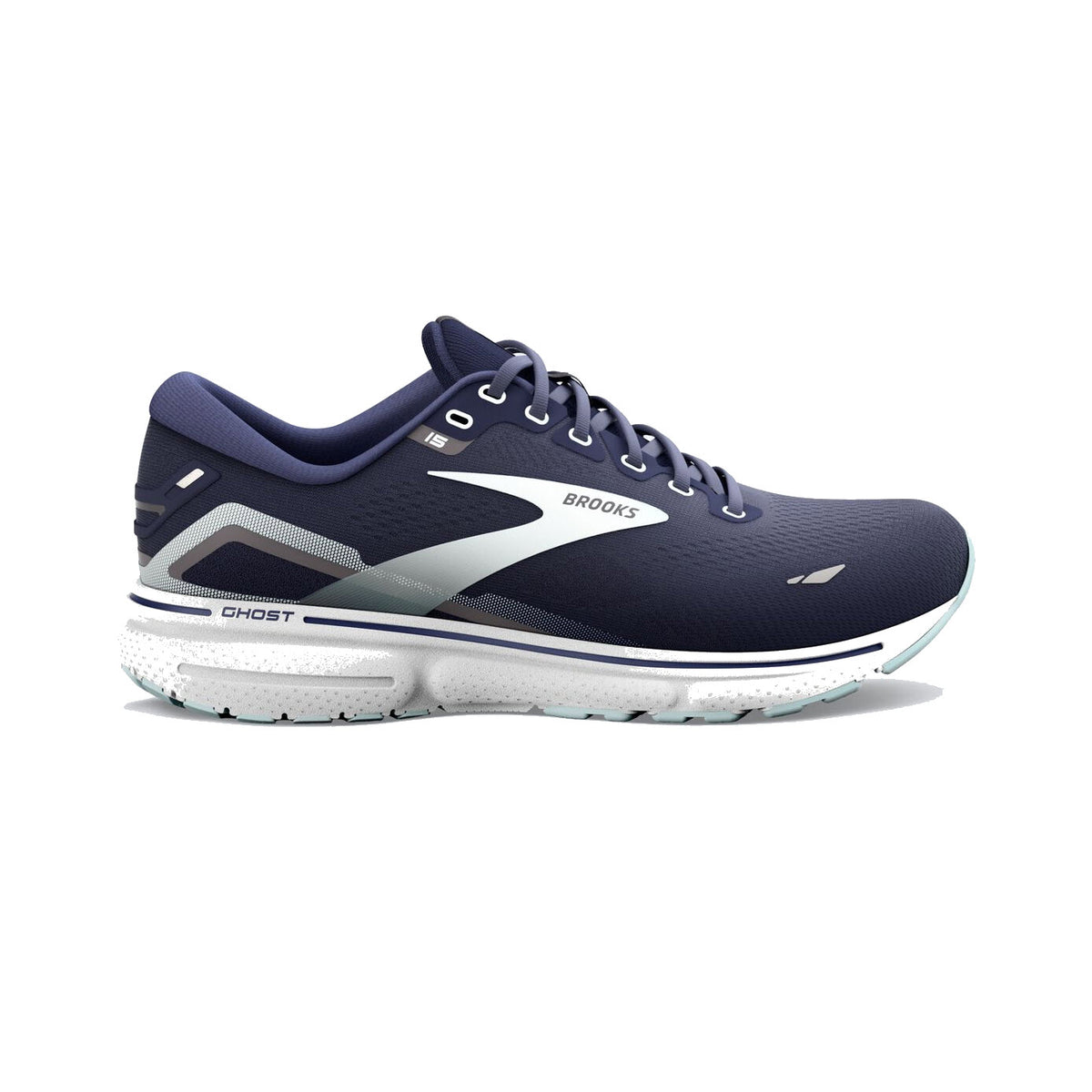 A single Brooks Ghost 15 Peacoat/Pearl/Salt Air running shoe in navy blue with white and light gray accents, shown in a side view on a white background.