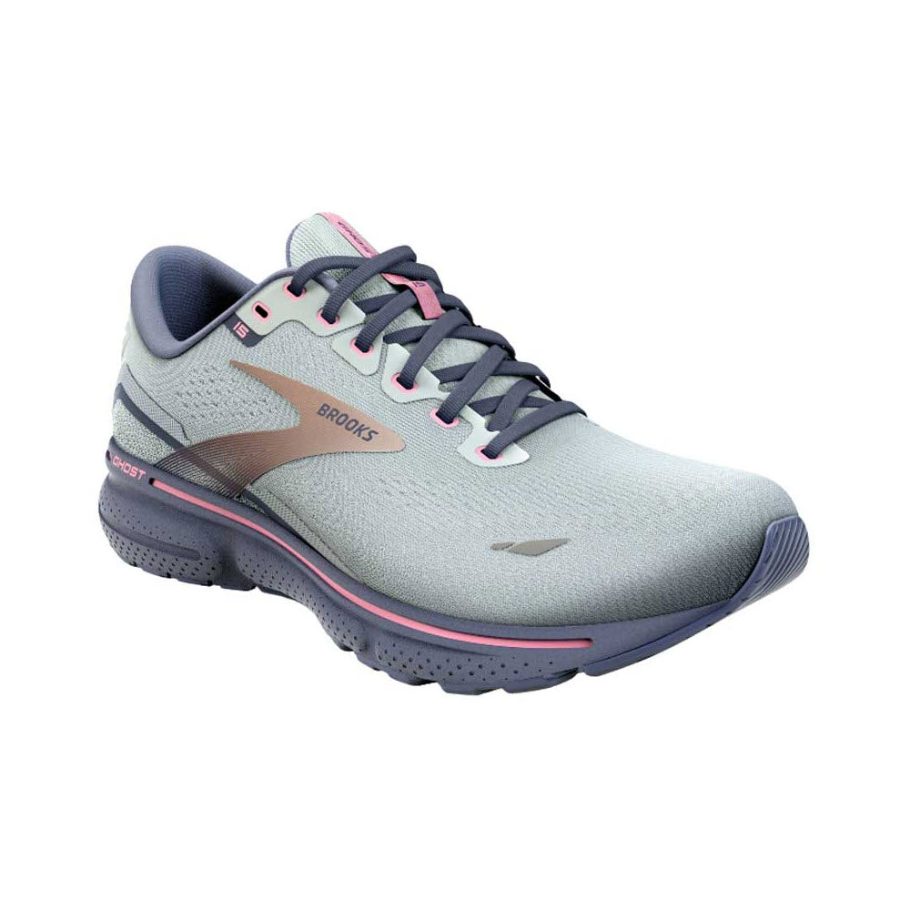 A single Brooks Ghost 15 SPA BLUE/NEO PINK/COPPER running shoe featuring improved cushioning with DNA Loft foam, in shades of gray with pink accents, displayed in a side view on a white background.