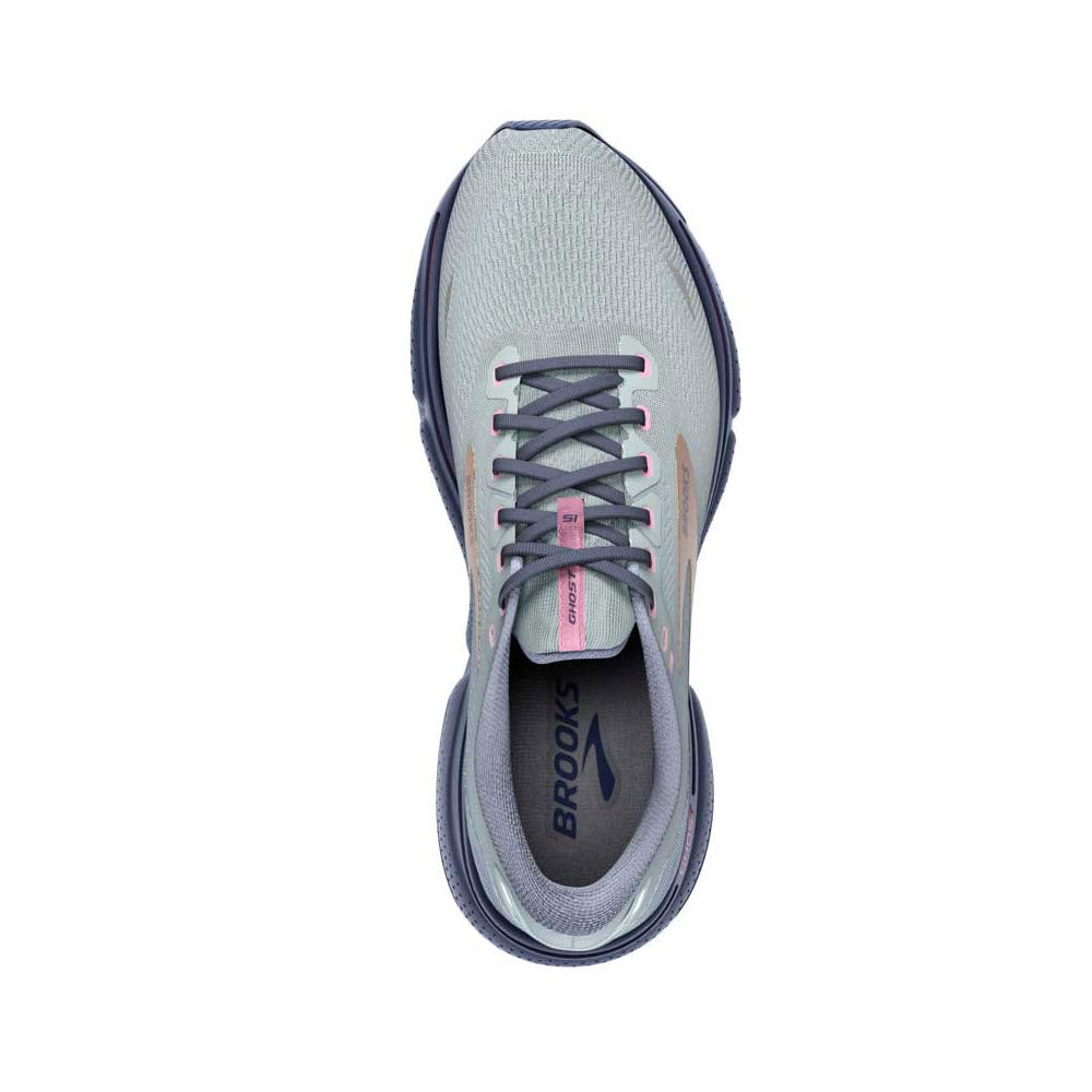 Top view of a single gray Brooks Ghost 15 sneaker with pink and black accents, displayed on a white background.