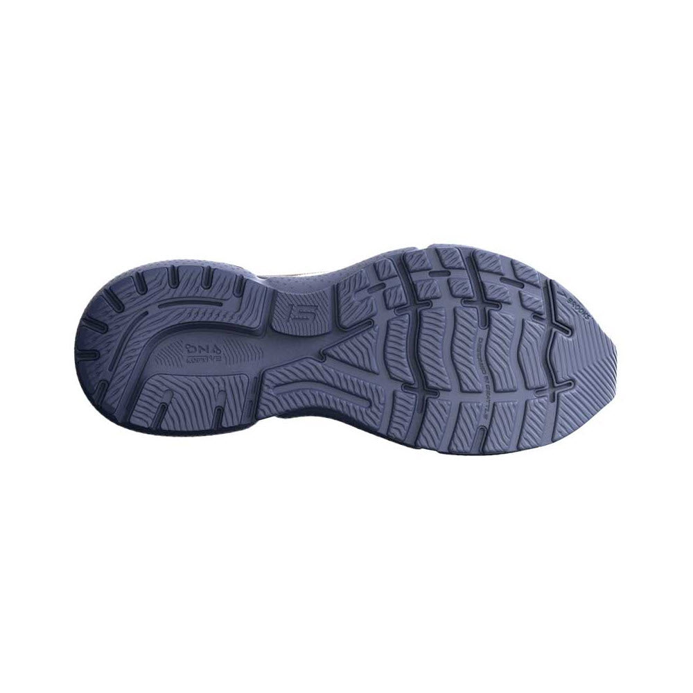 Sole of a BROOKS GHOST 15 shoe by Brooks displaying a detailed tread pattern in gray.