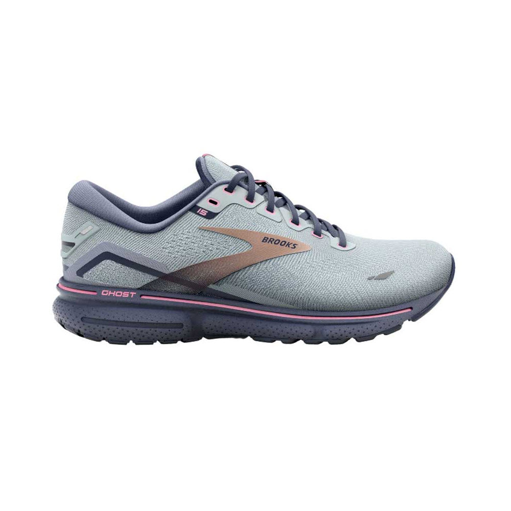 A Brooks Ghost 15 Spa Blue/Neo Pink/Copper running shoe, featuring improved cushioning, positioned against a white background.