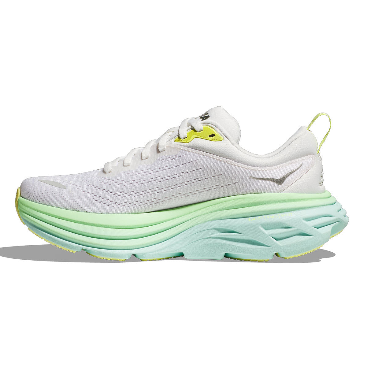 A modern running shoe with a white upper and a layered green sole featuring a prominent swoosh logo on the side, designed with extended heel geometry, like the Hoka Bondi 8 Blanc de Blanc/Sunlit Ocean - Womens by Hoka.