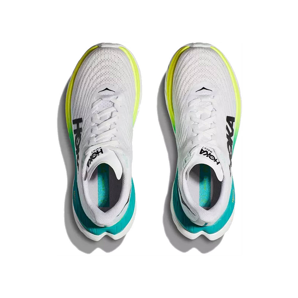 Top view of a pair of Hoka Mach 5 White/Blue Glass performance running shoes, displayed on a white background.