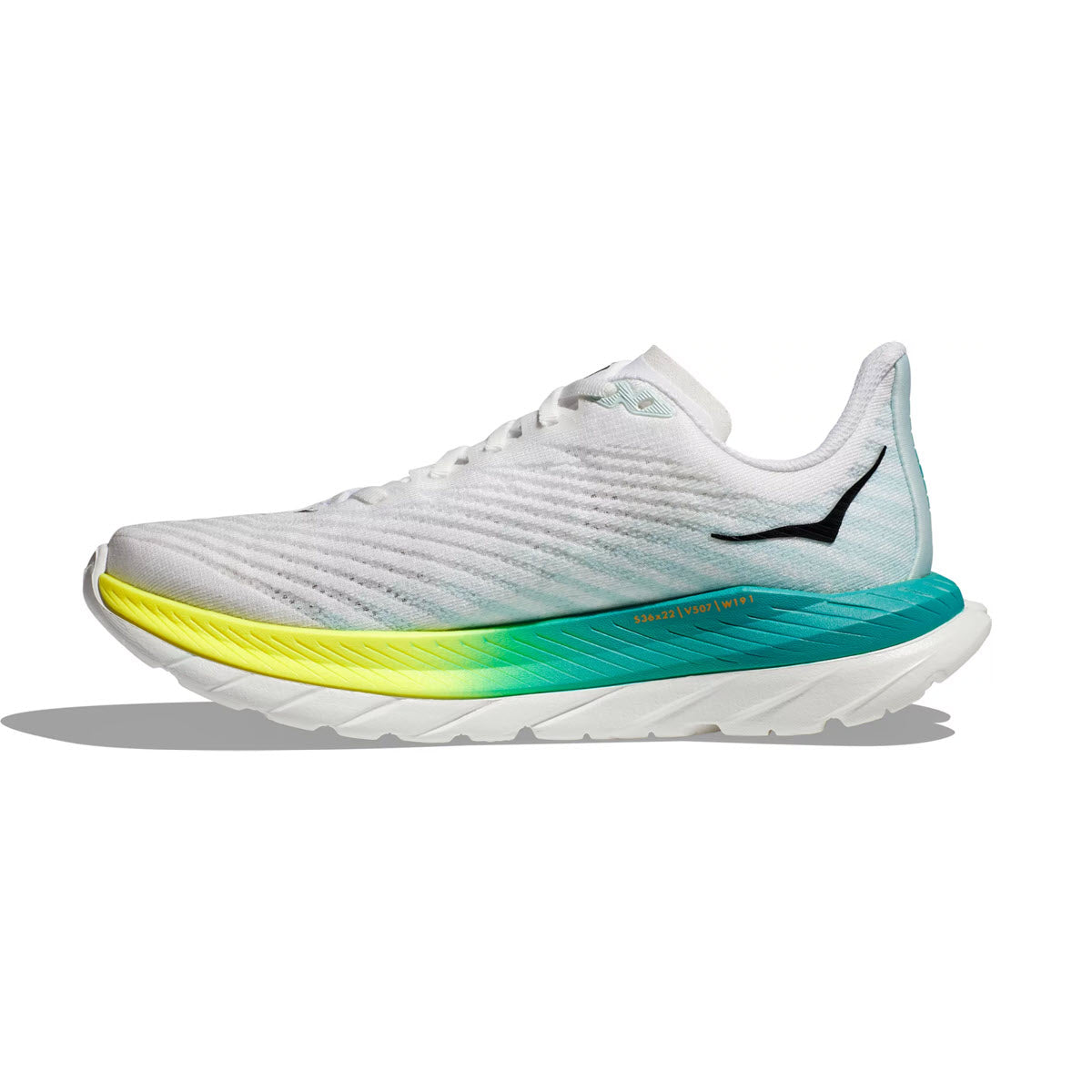 White and turquoise Hoka MACH 5 running shoes with a yellow to green gradient on the PROFLY midsole and a black logo on the side.