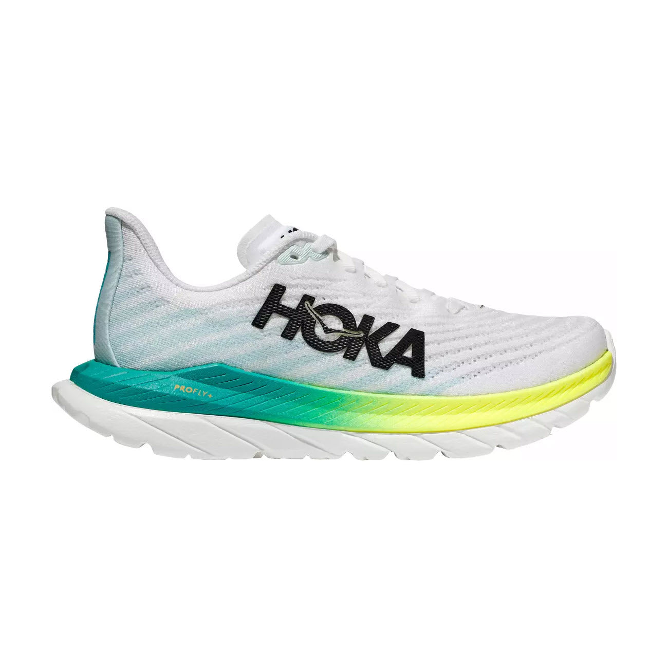 White Hoka Mach 5 performance running shoes with a blue and yellow gradient on the PROFLY midsole and prominent Hoka logo on the side.