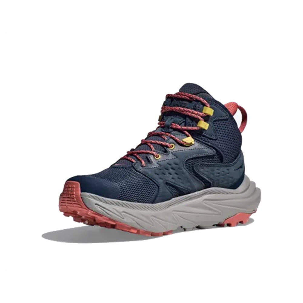 Blue and red Hoka Anacapa 2 Mid GTX trail running shoe with multicolored laces and a Vibram® Megagrip outsole, displayed against a white background.