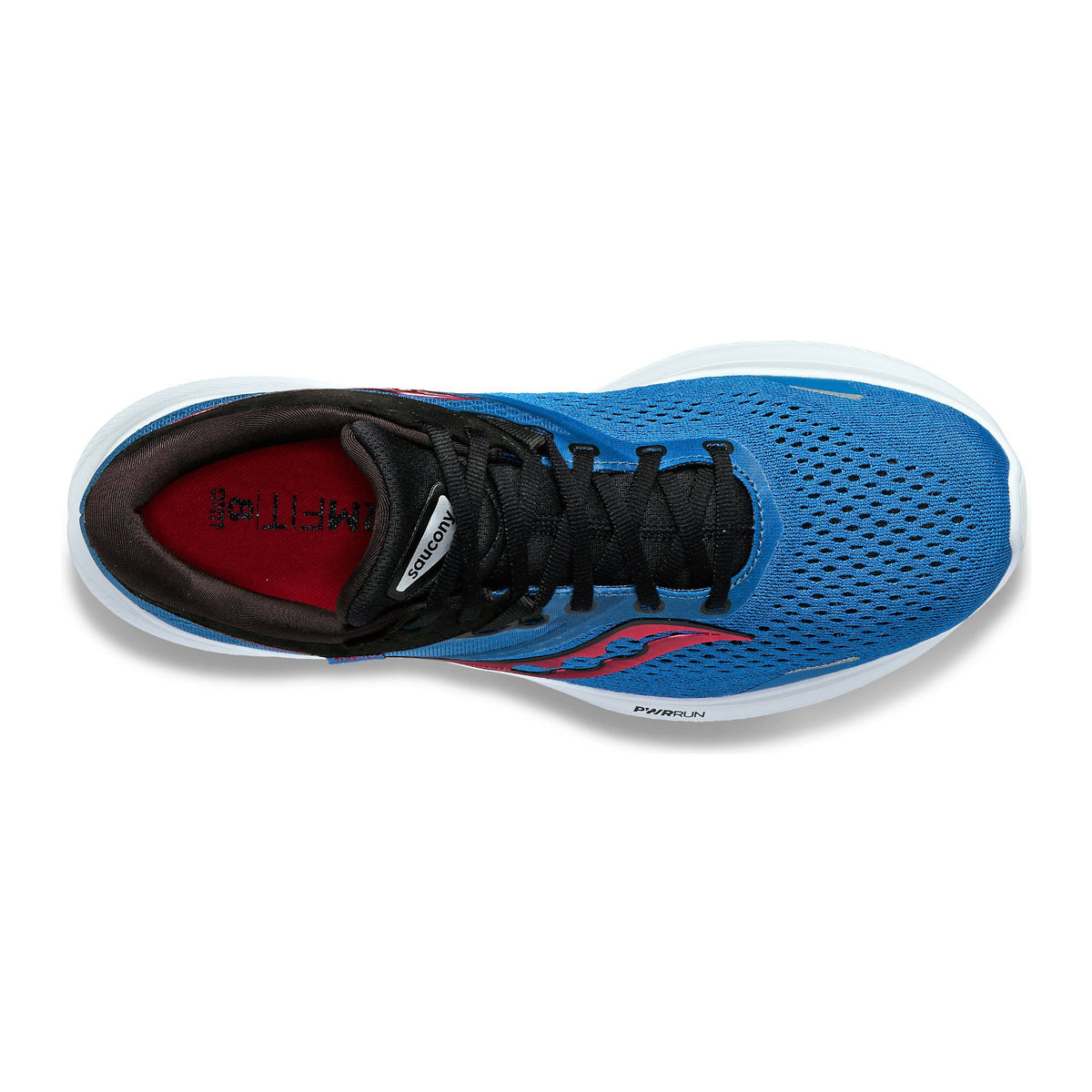 Top view of a blue Saucony Ride 16 Hydro/Black running shoe with black laces and a red interior, showing the brand logo on the insole.