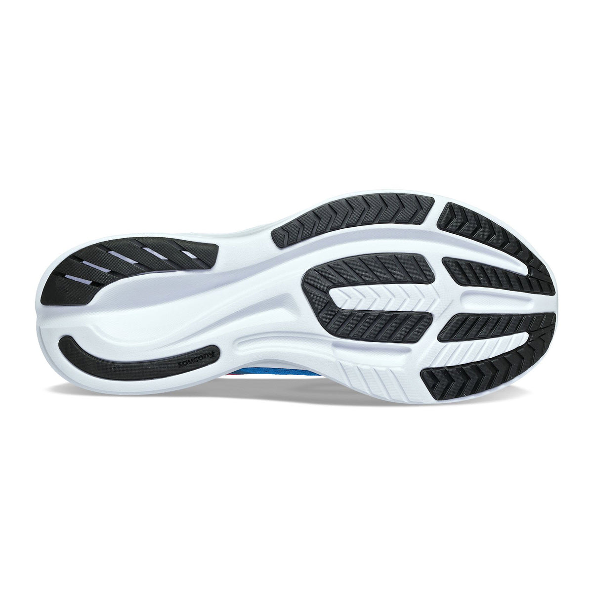 Sole of the SAUCONY RIDE 16 HYDRO/BLACK - MENS with white, black, and gray treads and PWRRUN foam cushioning technology visible.