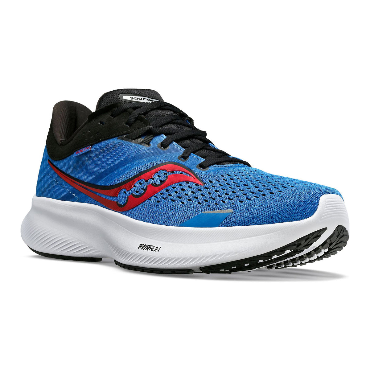 Blue and red Saucony Ride 16 Hydro/Black running shoe with a white sole and black interior, displayed against a white background.