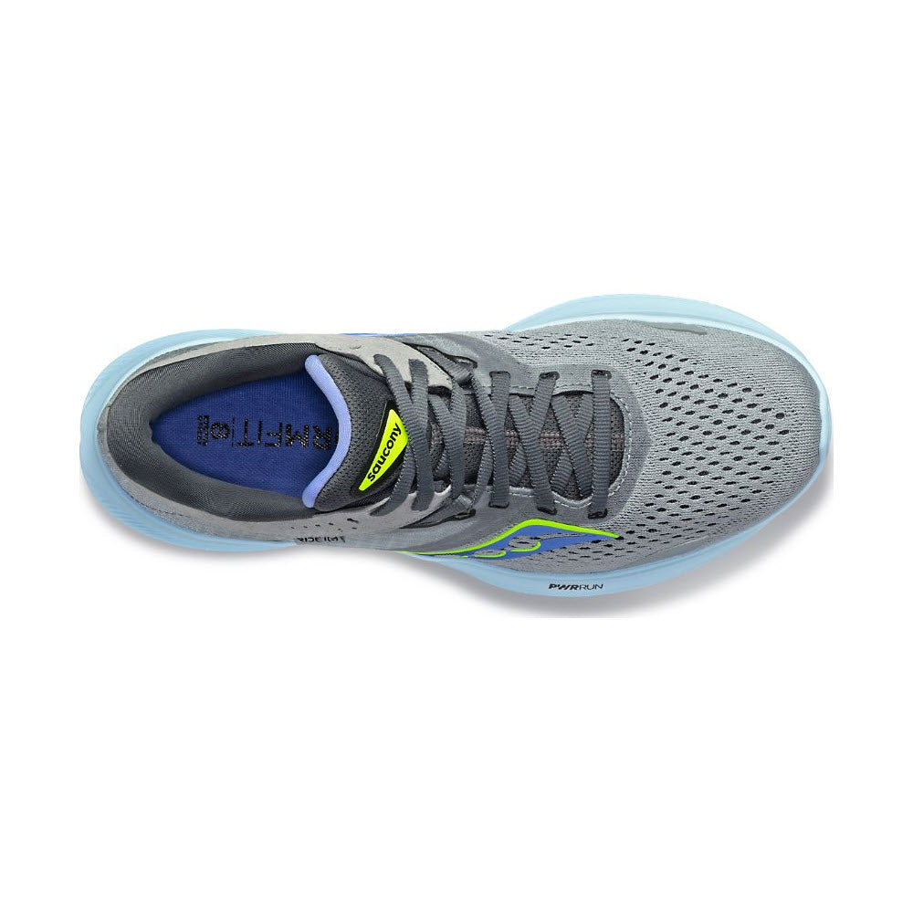 Top view of a single gray and blue Saucony Ride 16 Fossil/Pool - Womens running shoe with visible laces and inner sole details.