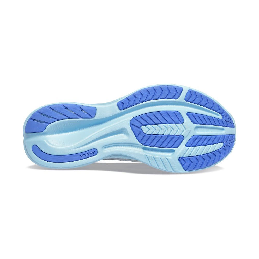 Blue and light gray Saucony Ride 16 Fossil/Pool running shoe sole with textured treads and branding visible.