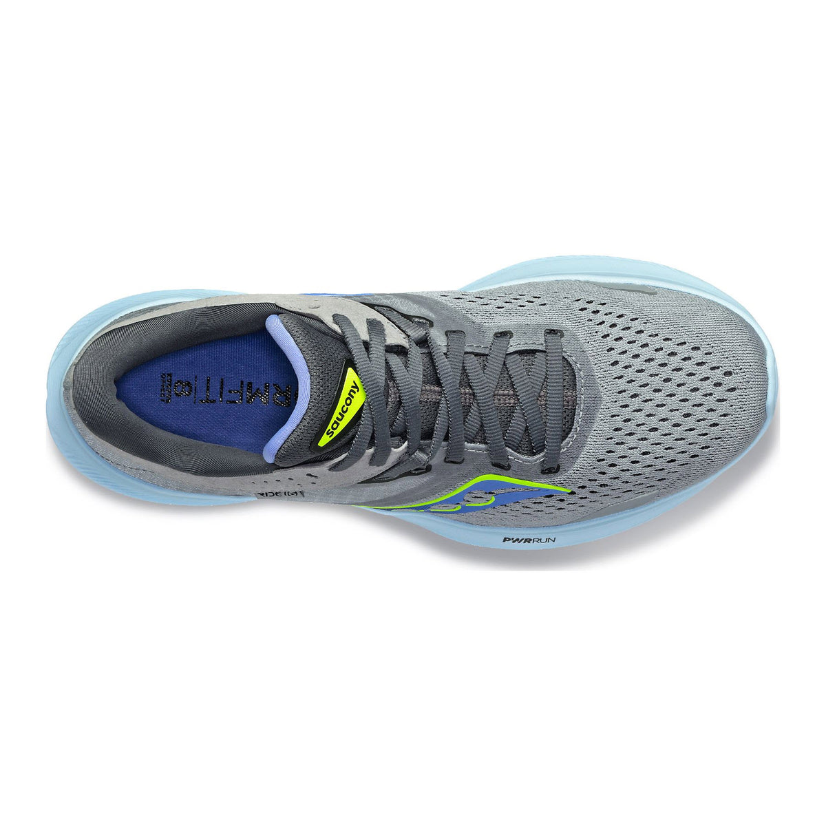 Top view of a single grey Saucony Ride 16 Fossil/Pool running shoe with a blue insole and laces, featuring a breathable mesh design and black accents.