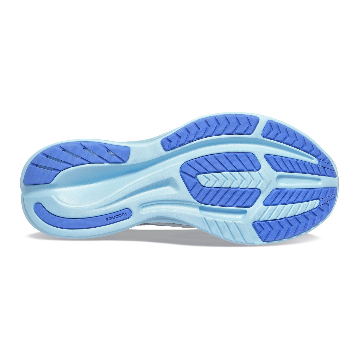 A light blue Saucony Ride 16 Fossil/Pool running shoe sole with blue and grey traction patterns, designed for neutral gaits.