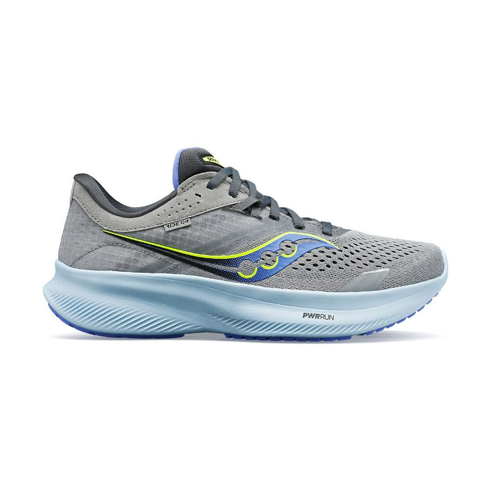 A Saucony Ride 16 Fossil/Pool running shoe with blue soles and yellow accents, featuring a mesh upper and a PWRRUN foam midsole, designed for neutral gaits.