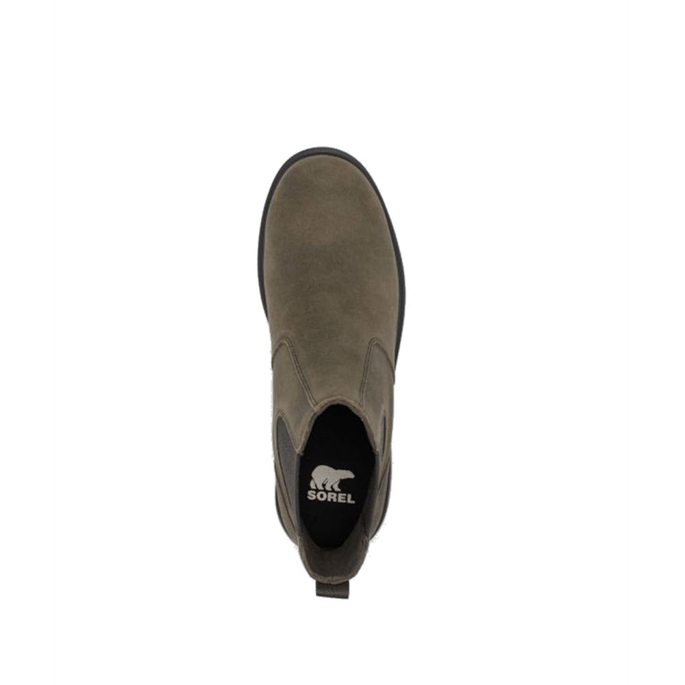 A single gray waterproof suede SOREL CARSON CHELSEA BOOT SLIP ON by Sorel, viewed from the front, featuring elastic side panels and a pull tab at the back.