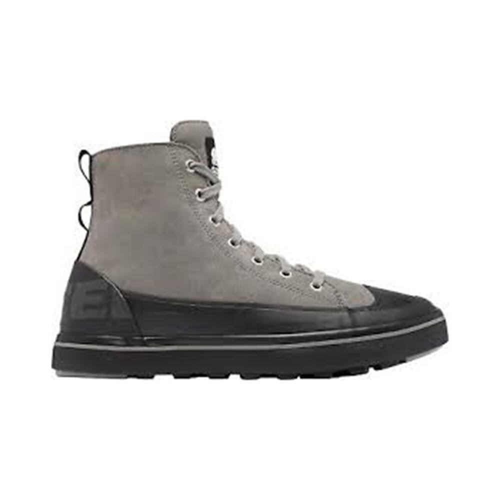 A gray high-top sneaker with black accents, featuring a lace-up front, suede upper, rubber toe cap, and a thick black sole.