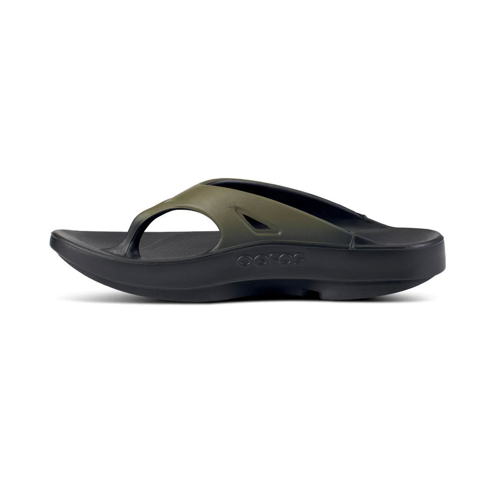 A single OOFOS OOriginal Sport Tactical Green - Mens arch support flip-flop sandal displayed against a plain white background.