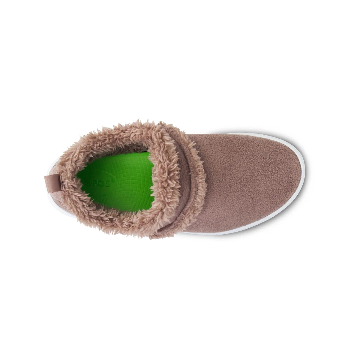 Top view of a single OOFOS OOCOOZIE LOW CHOCOLATE slipper with a fluffy lining and a green insole, designed with OOfoam technology, isolated on a white background.