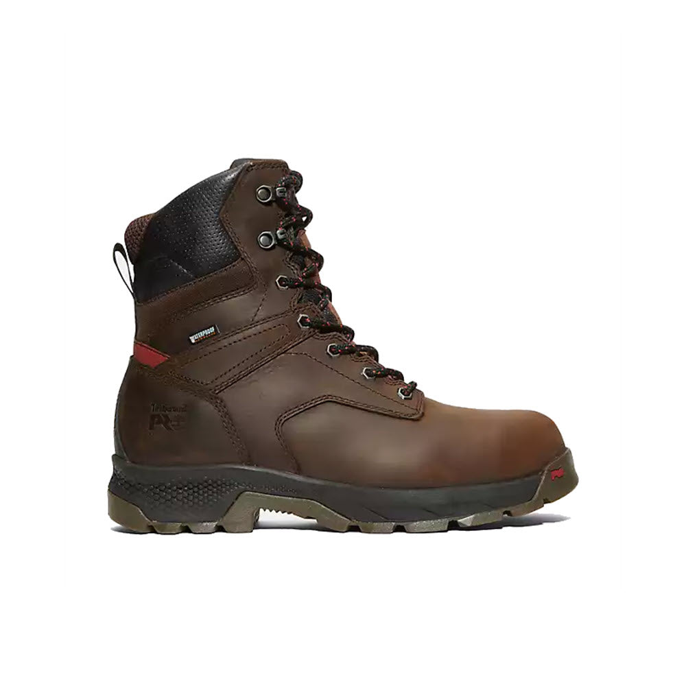 A single brown Timberland TiTAN® hiking boot with sturdy laces and a reinforced ankle design.