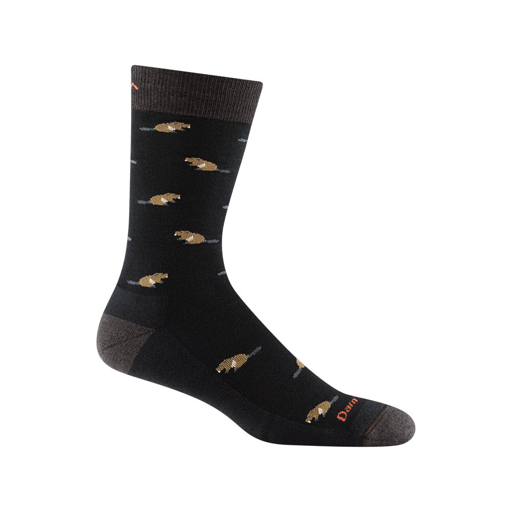 A Darn Tough black merino wool sock with multiple brown bear patterns and gray heel and toe patches, labeled &quot;darn&quot; on the side.