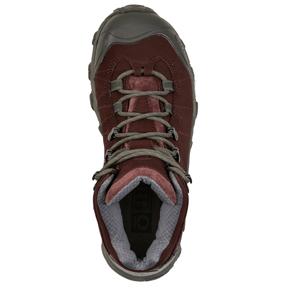 Top view of a dark red and gray OBOZ BRIDGER MID B-DRY PORT hiking shoe with laced-up front featuring B-DRY waterproof technology.