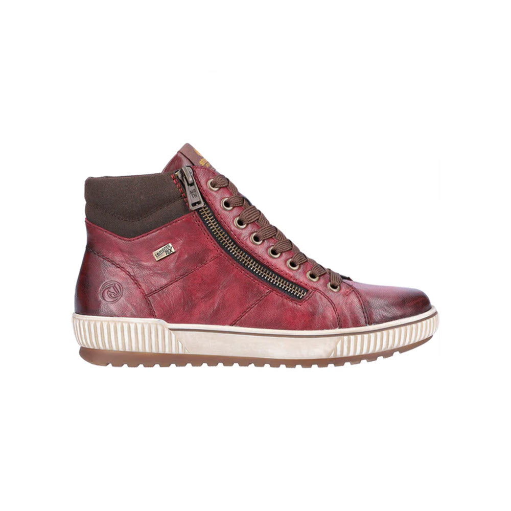Side view of a Remonte REMONTE CITY HIGH TOP WINE - WOMENS red leather waterproof high-top sneaker with a brown ankle collar, white sole, and dual side zippers.