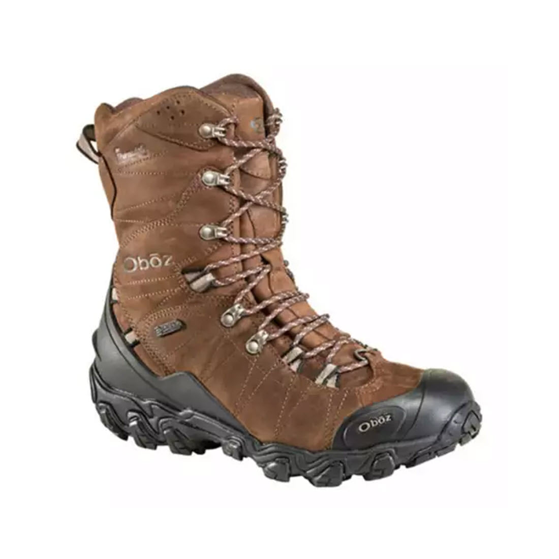 A single brown OBOZ BRIDGER 10&quot; INSULATED B-DRY BARK - MENS hiking boot with a high ankle design and cold-traction optimized rubber tread, isolated on a white background.