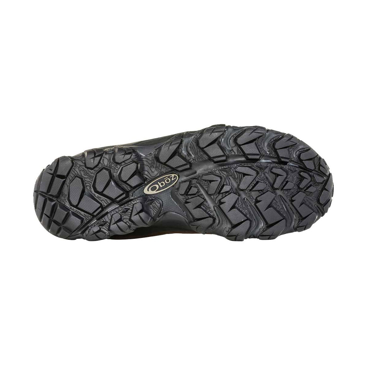 Sole view of a black OBOZ BRIDGER 10&quot; INSULATED B-DRY BARK - MENS hiking shoe showcasing its tread pattern and brand logo.