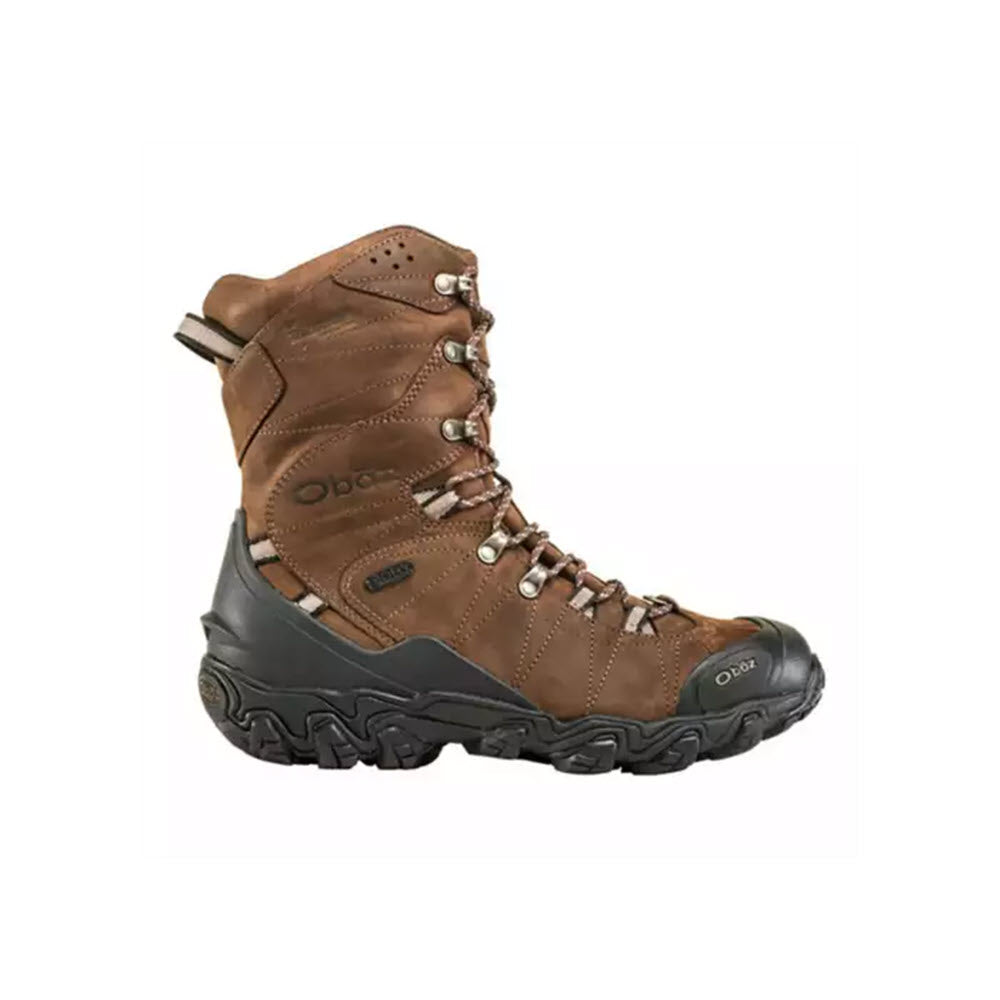 A single Oboz Bridger 10&quot; Insulated B-Dry Bark - Mens high-top hiking boot made with DWR treated nubuck leather, featuring metal eyelets and a rugged sole.