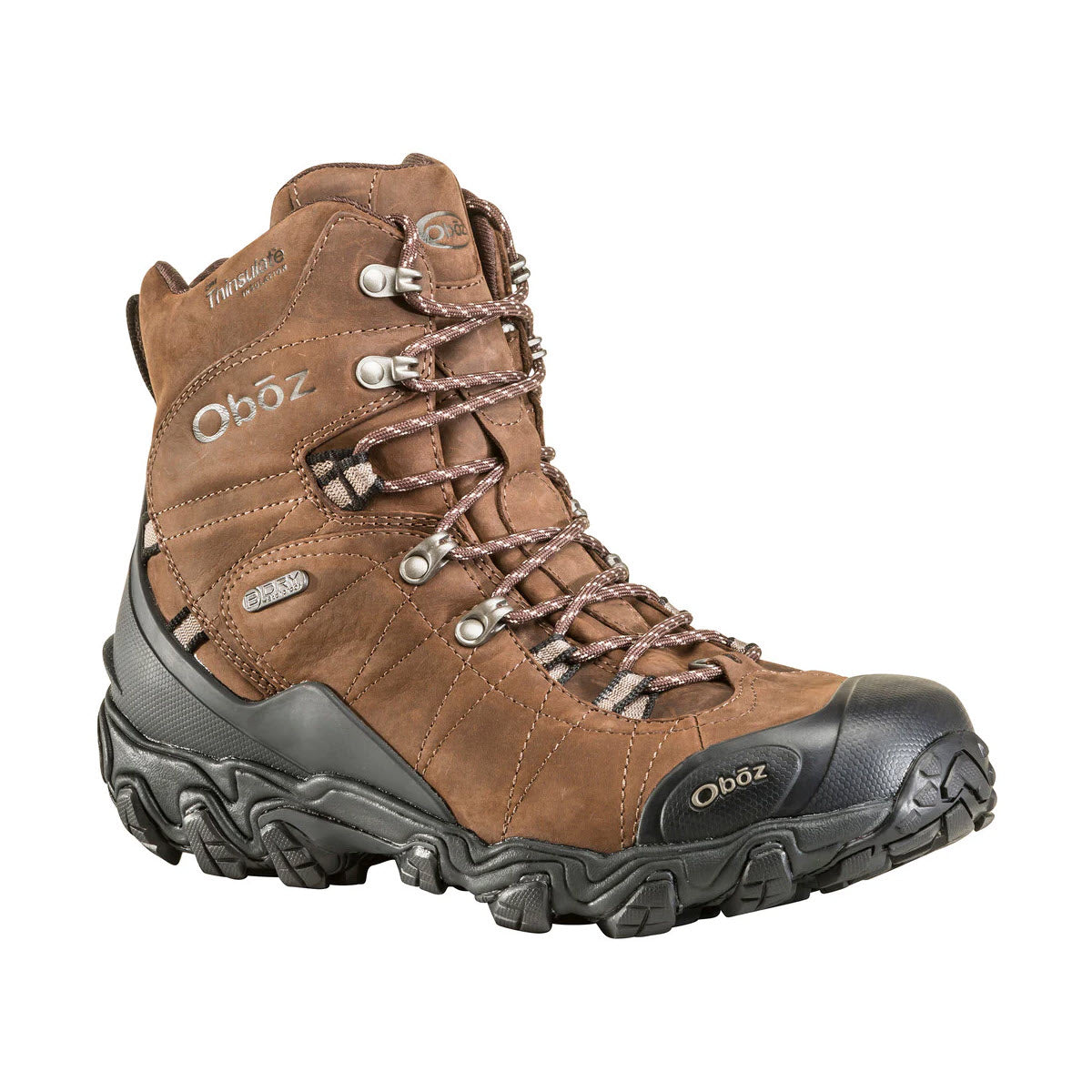 A single Oboz BRIDGER 8&quot; INSULATED B-DRY BARK hiking boot in brown with black accents and metal lacing hooks, viewed from the side against a white background.